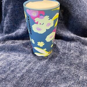 Starbucks Blue Tumbler with Floral Accents